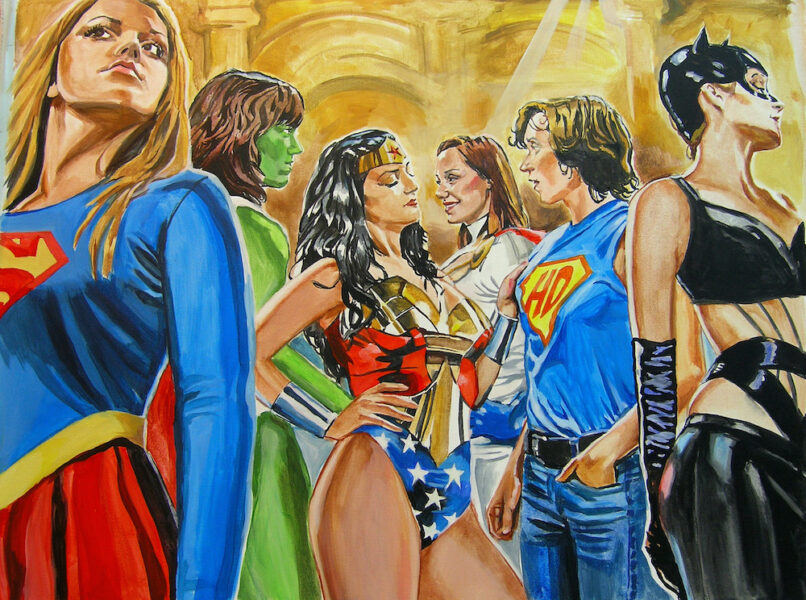 Eine Zeichnung von Frauen als Supergirl, Hulk, Wonder Woman und Batgirl.