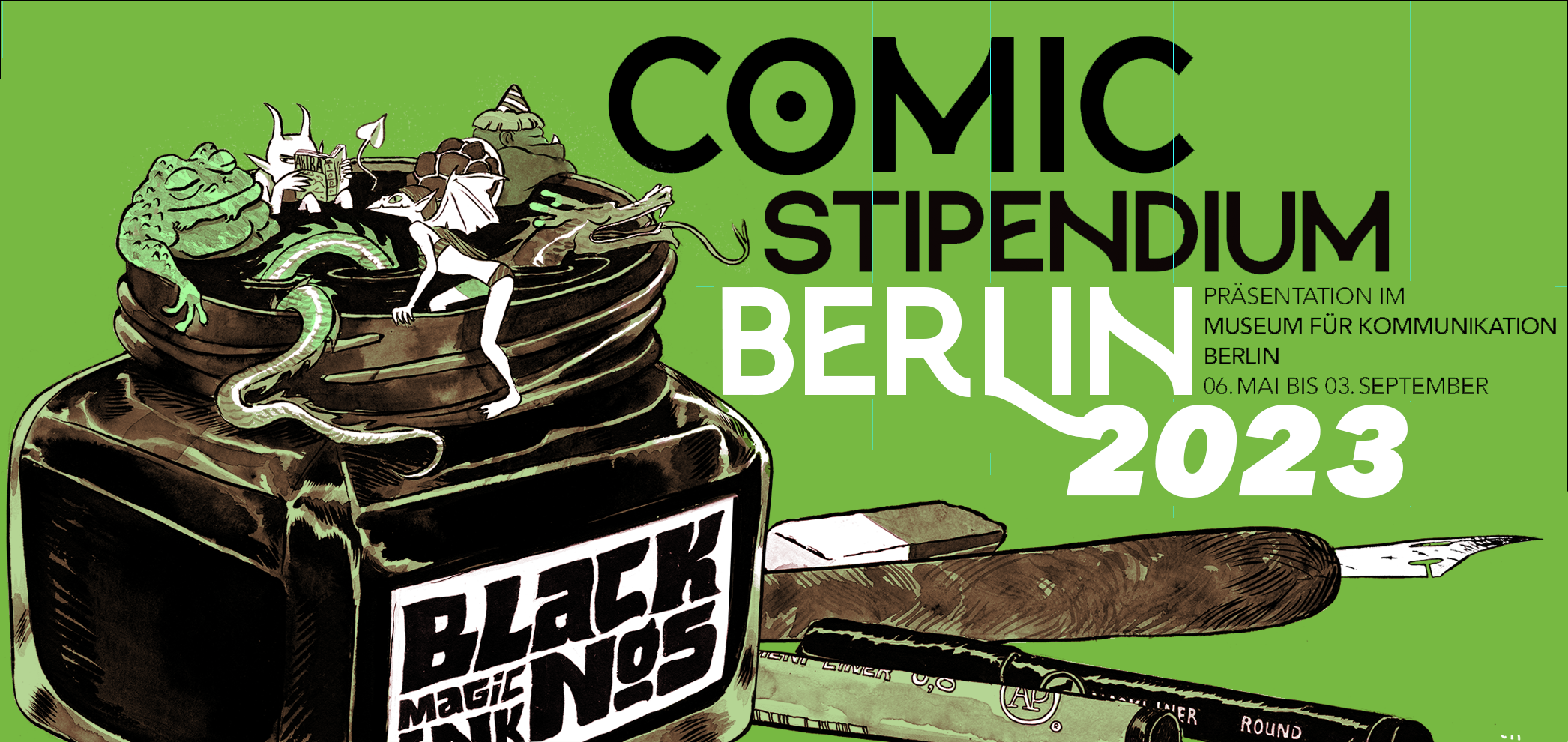 Banner für das Comic Stipendium Berlin 2023, Ausstellung im Museum für Kommunikation Berlin