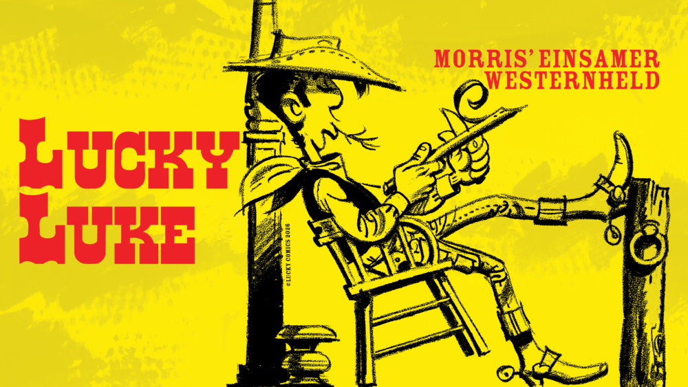 Key Visual mit Lucky Luke, lässig schnitzend auf einem Stuhl sitzend