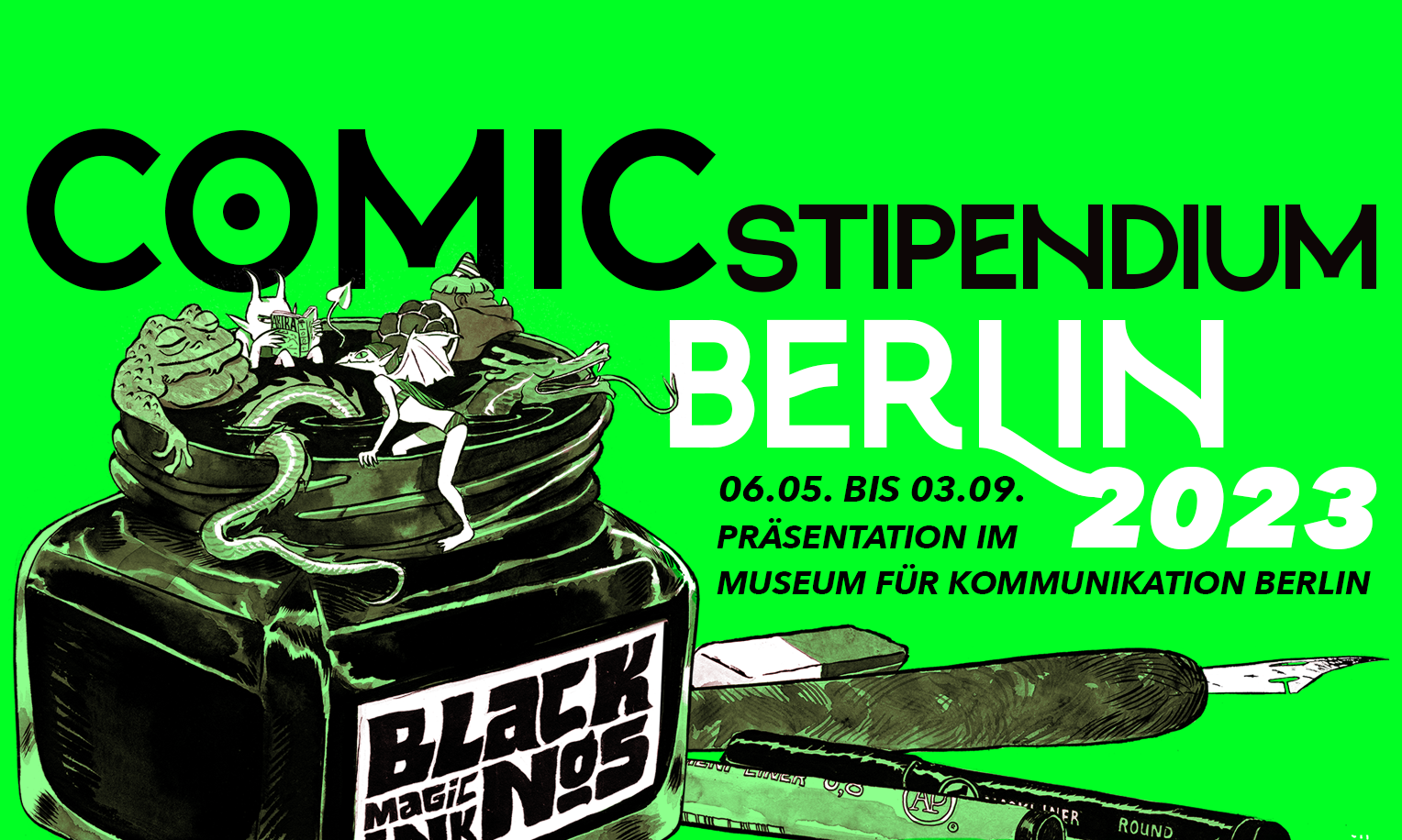 Banner für das Comic Stipendium Berlin 2023, Ausstellung im Museum für Kommunikation Berlin